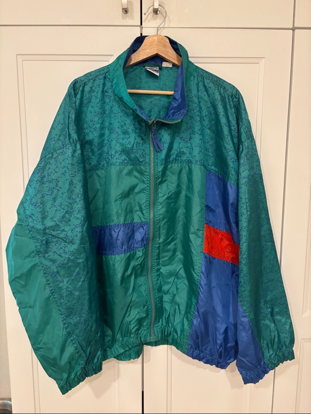 Vintage Colorblock Windbreaker Jacket - Teal, Royal Blue & Red - XL